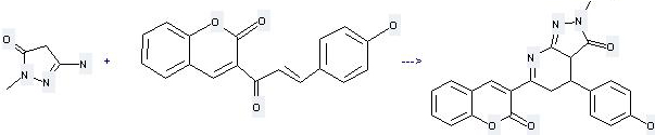 5-Amino-2-methyl-4H-pyrazol-3-one can react with 3-[3-(4-Hydroxy-phenyl)-acryloyl]-chromen-2-one to get 4-(4-Hydroxy-phenyl)-2-methyl-6-(2-oxo-2H-chromen-3-yl)-2,3a,4,5-tetrahydro-pyrazolo[3,4-b]pyridin-3-one.